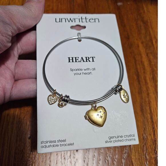 UNWRITTEN Silver Plated Crystal Satin Heart Locket Adjustable Bangle Bracelet - Picture 6 of 9